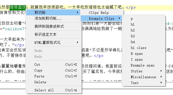 Using the Clips content menu in Code View.